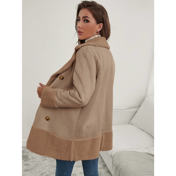 Shearling Teddy Lined Double Breasted pea Coat cream - Picture 3 of 8